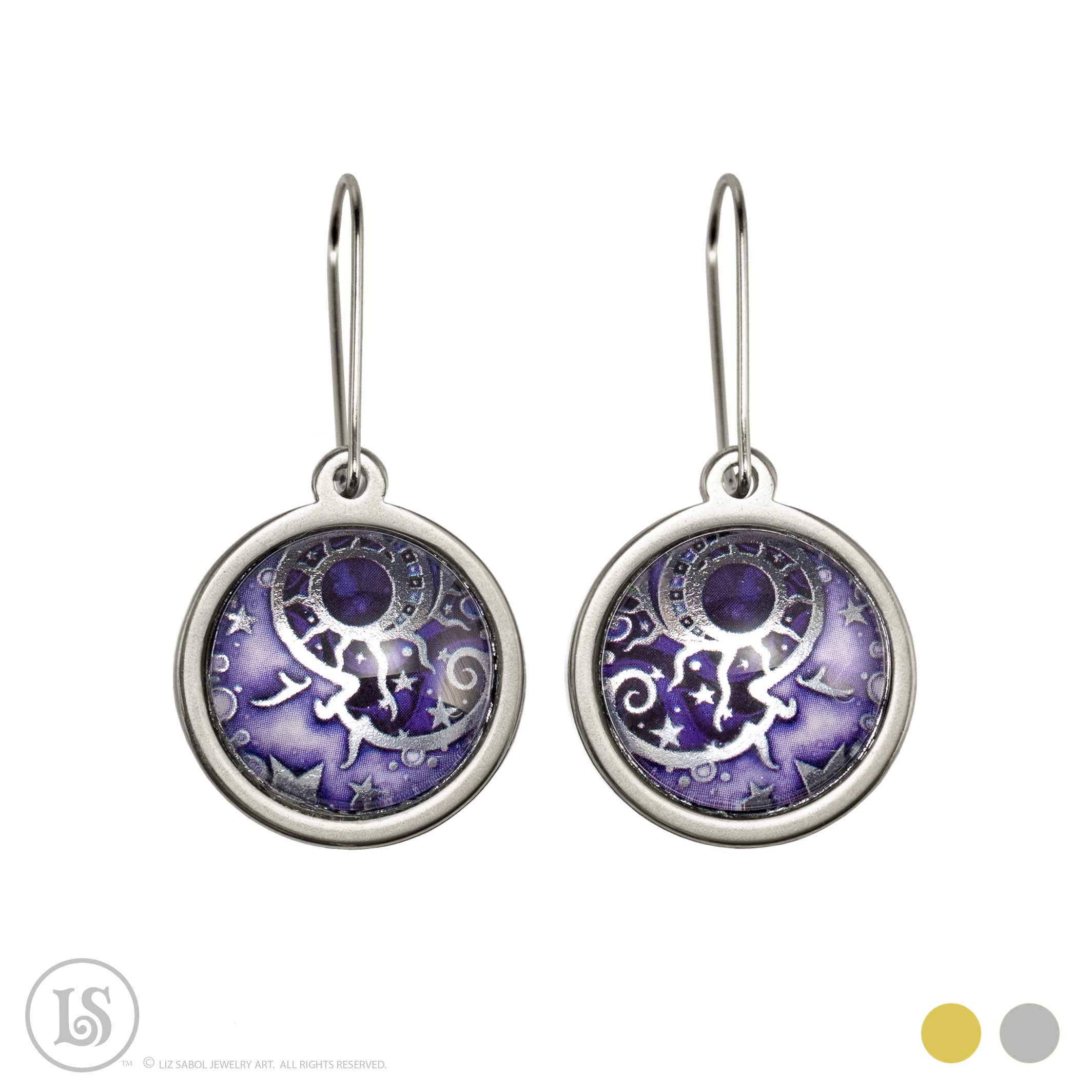 Man in the Moon Purple, Earrings, Silver-tone, Glass, Stainless Steel