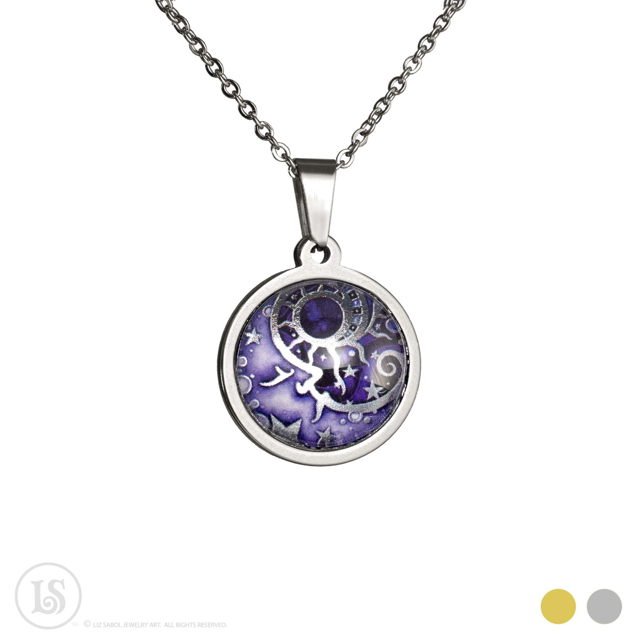 Man in the Moon Purple, Small Pendant, Silver-tone, Glass, Stainless Steel